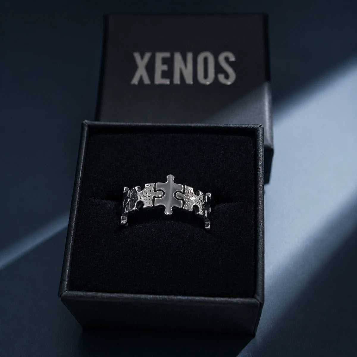 Jigsaw Ring Silver Presented in Xenos Jewelry Packaging Box