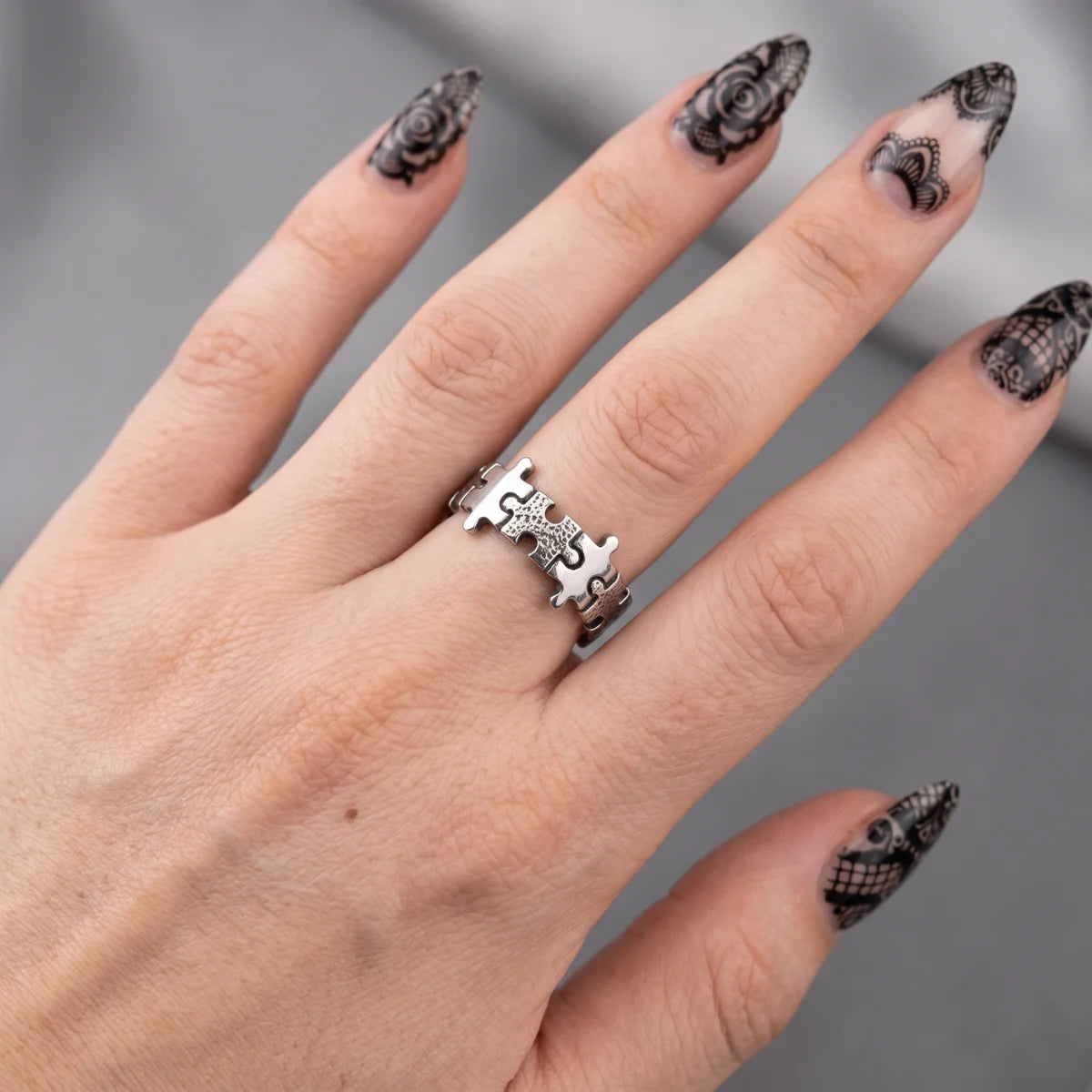 Jigsaw Ring Silver Worn by Female Model