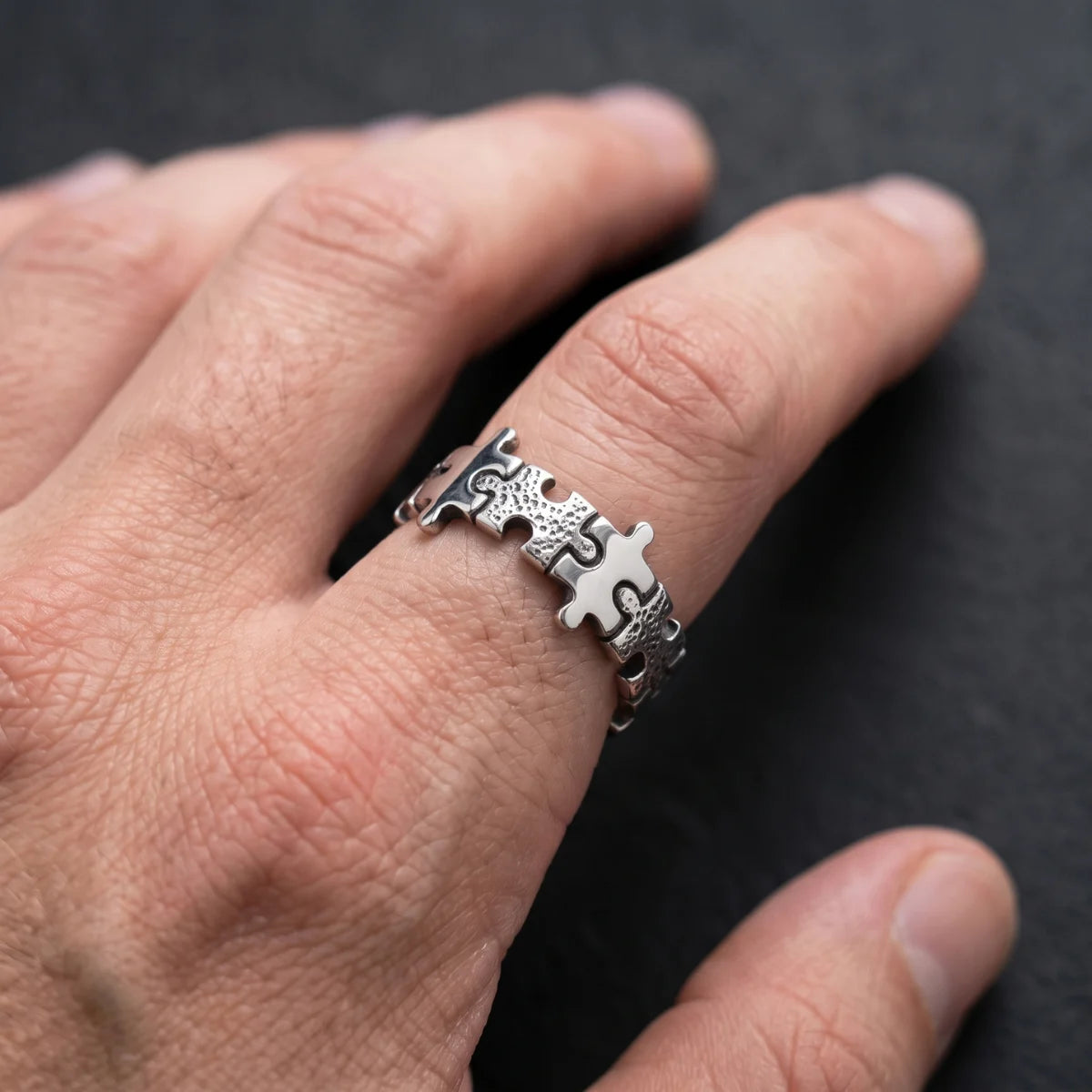 Jigsaw Ring Silver Worn by Male Model
