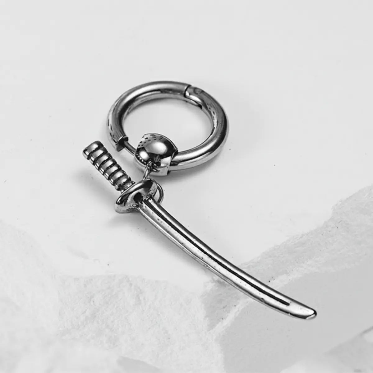 Katana Drop Hoop Earrings Silver Close Up