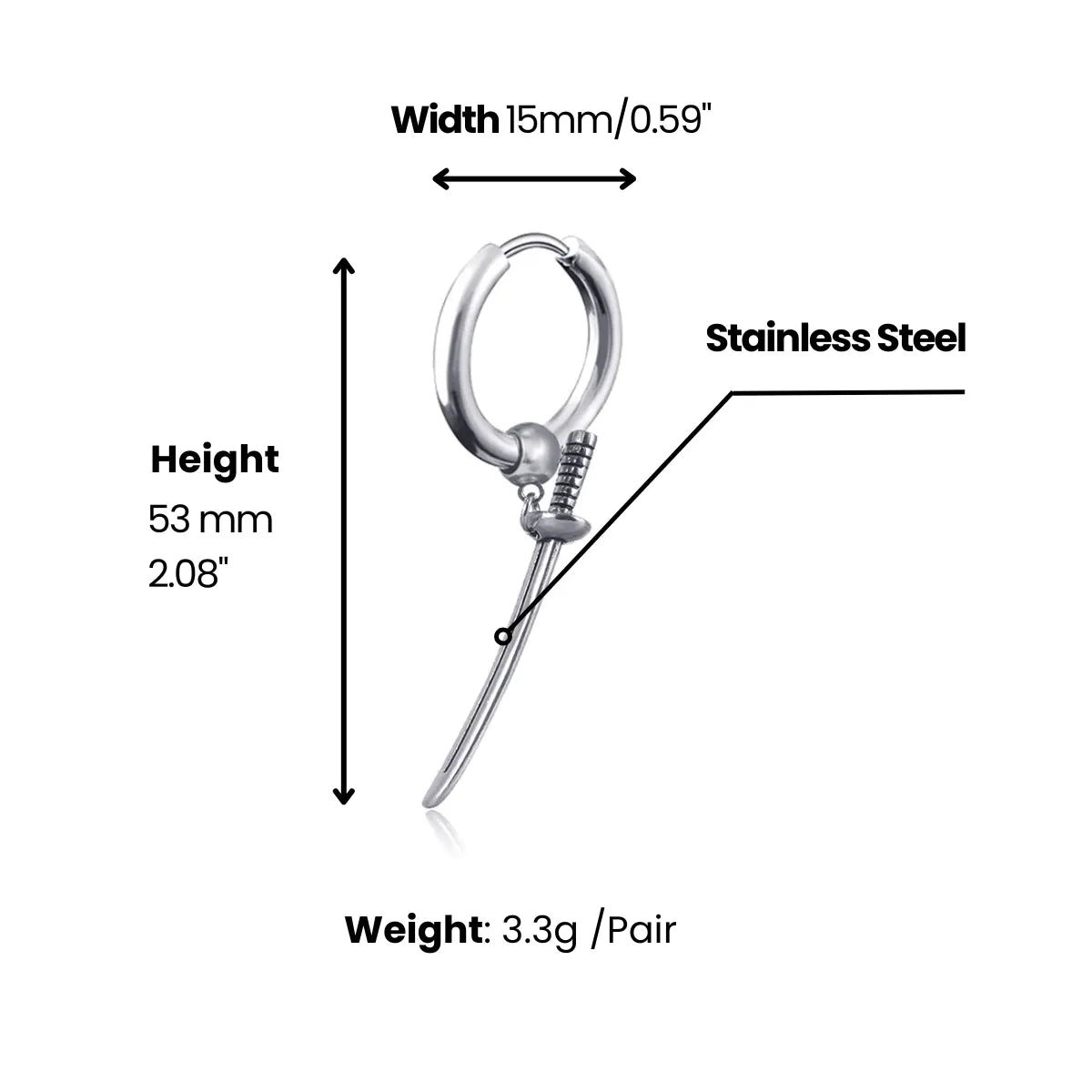 Katana Drop Hoop Earrings Silver Dimensions and Weight