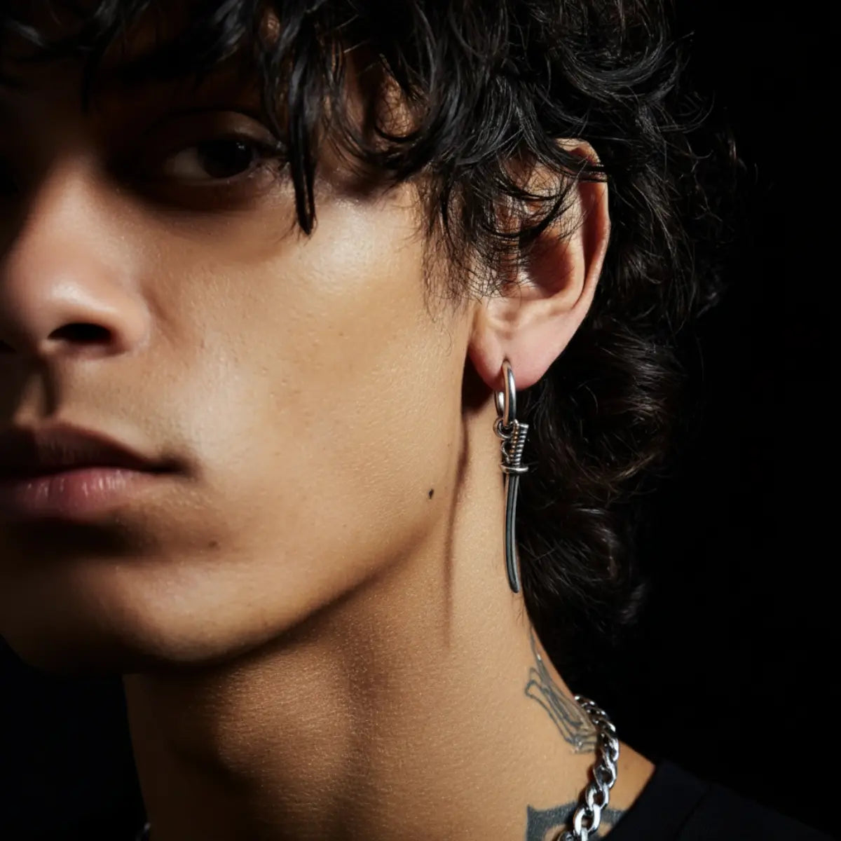 Katana Drop Hoop Earrings Silver Worn by Male Model Close Up