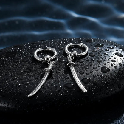 Katana Drop Hoop Earrings Silver