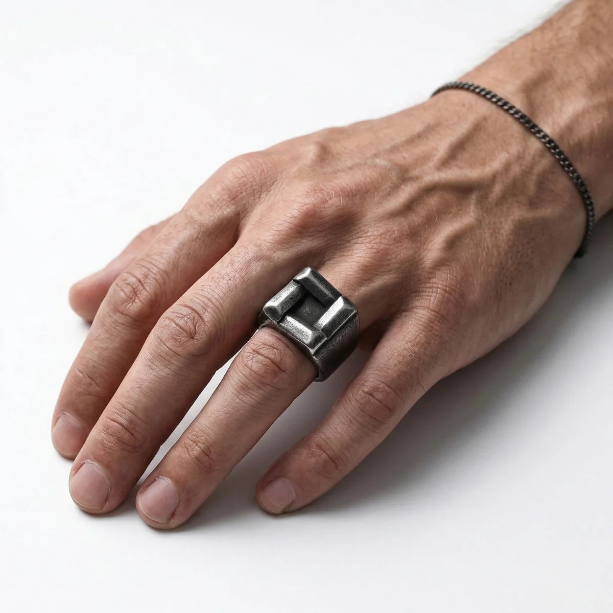 Knot Square Ring Worn by Male Model Close Up
