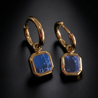 Lapis Square Drop Earrings Gold Close Up Black Background