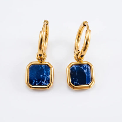Lapis Square Drop Earrings Gold Front View White Background