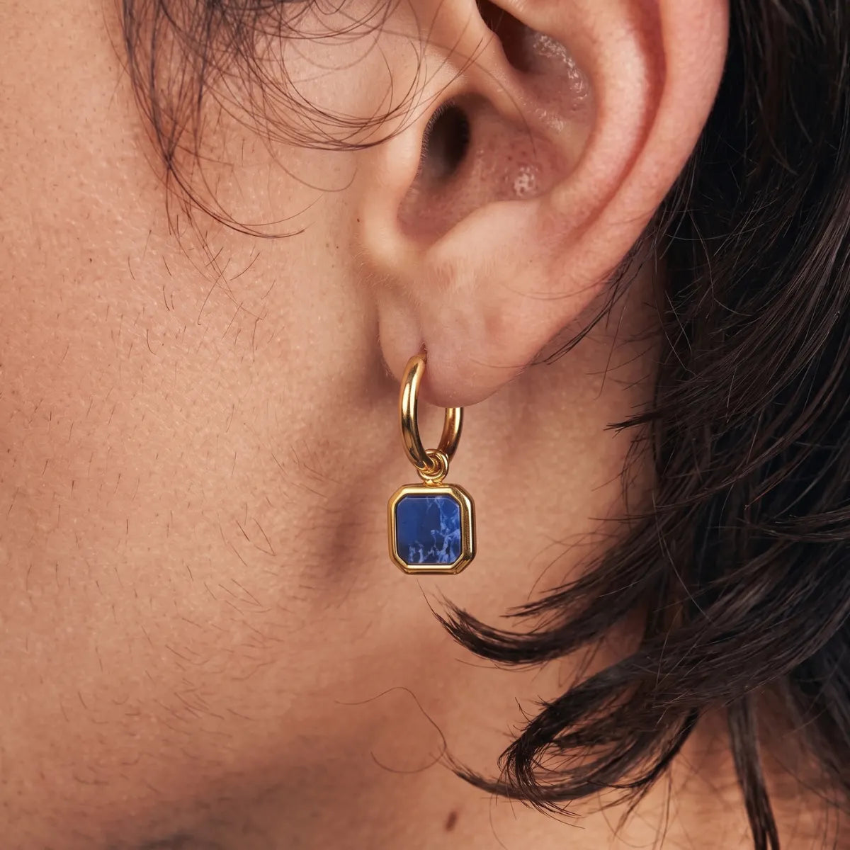 Lapis Square Drop Earrings Gold Worn by Male Model