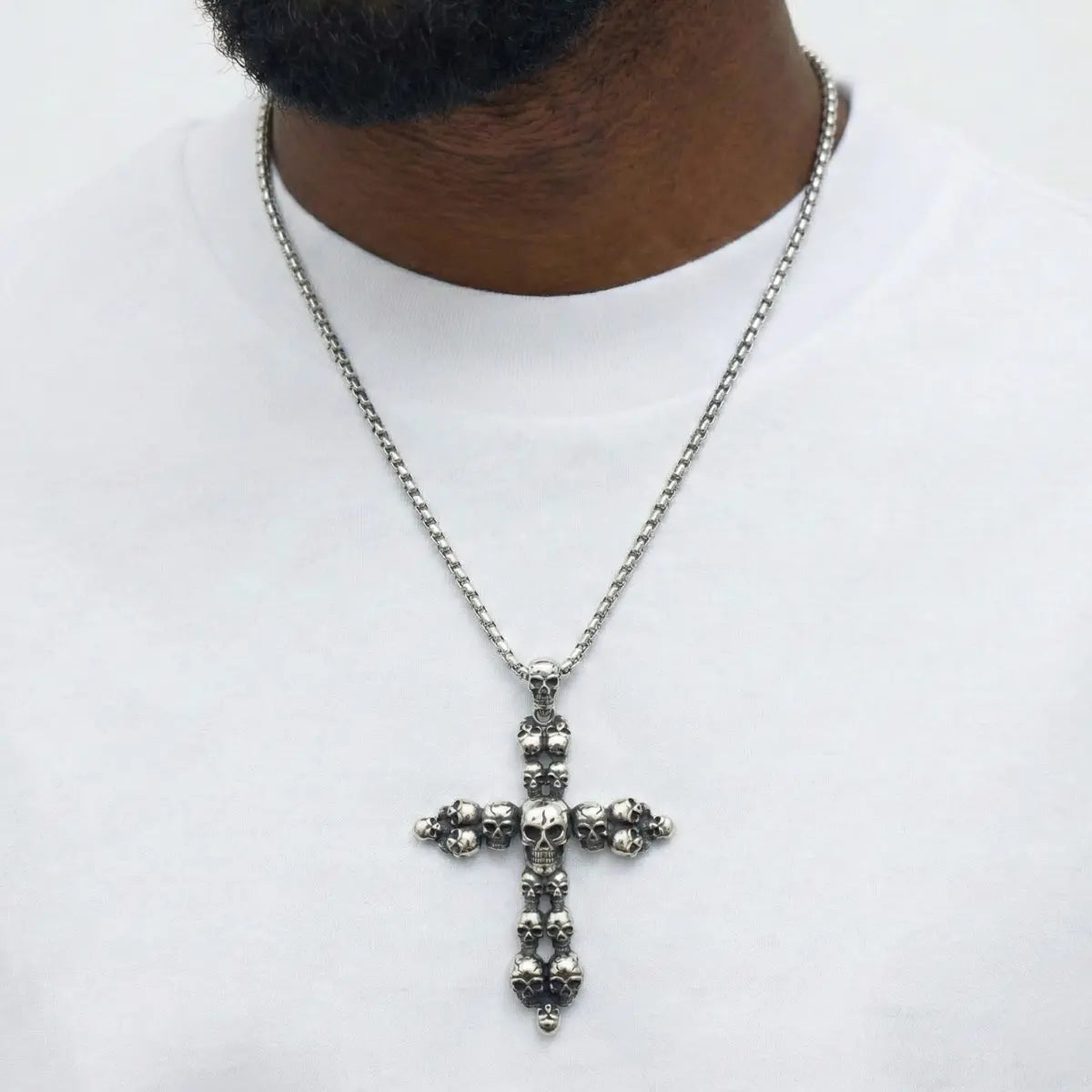 Large Skull Cross Necklace Worn by Male Model