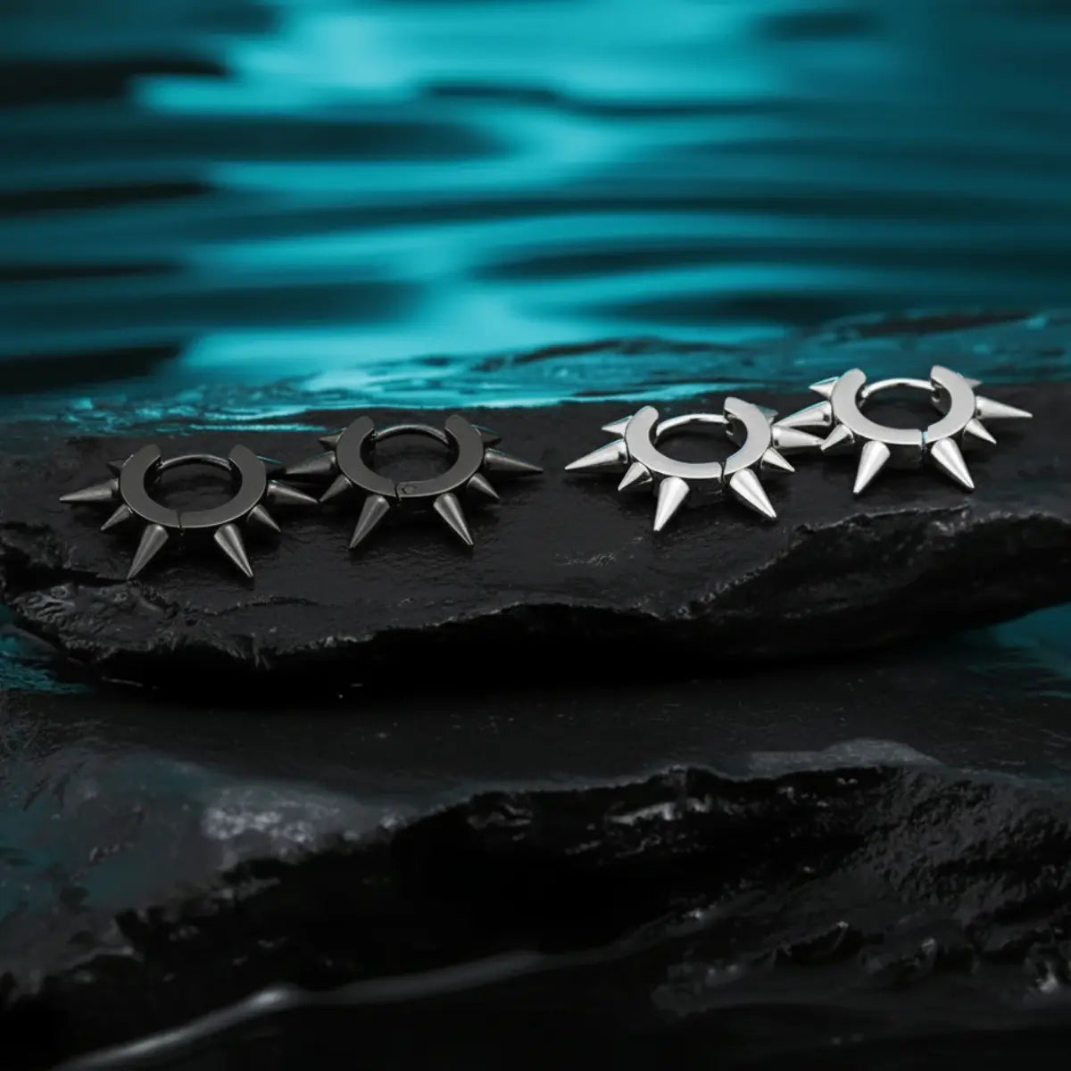 Large Spike Hoop Earrings Black and Silver Close Up