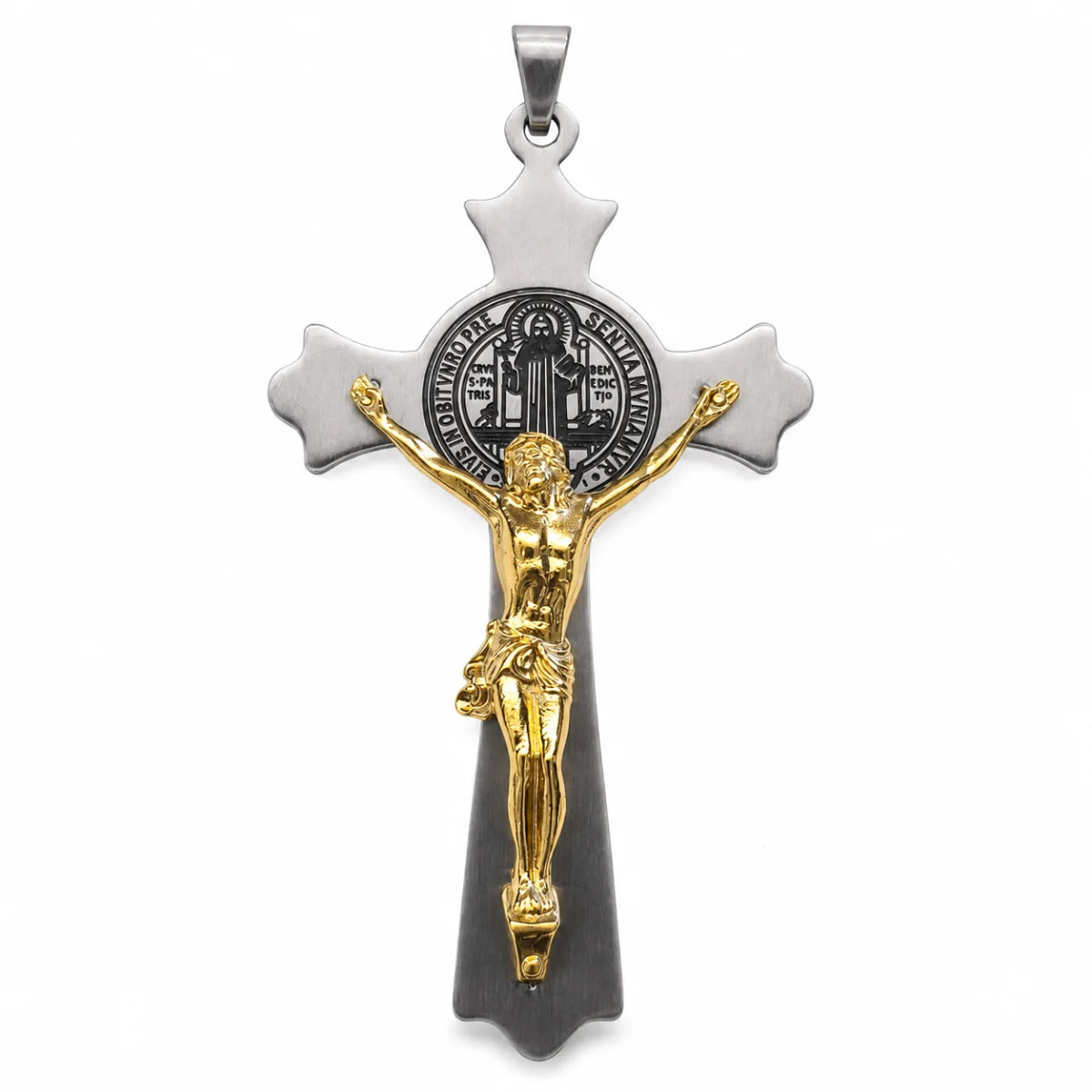 Large St. Benedict Cross Gold and Silver Pendant Only Front View White Background