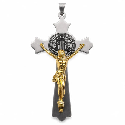 Large St. Benedict Cross Gold and Silver Pendant Only Front View White Background