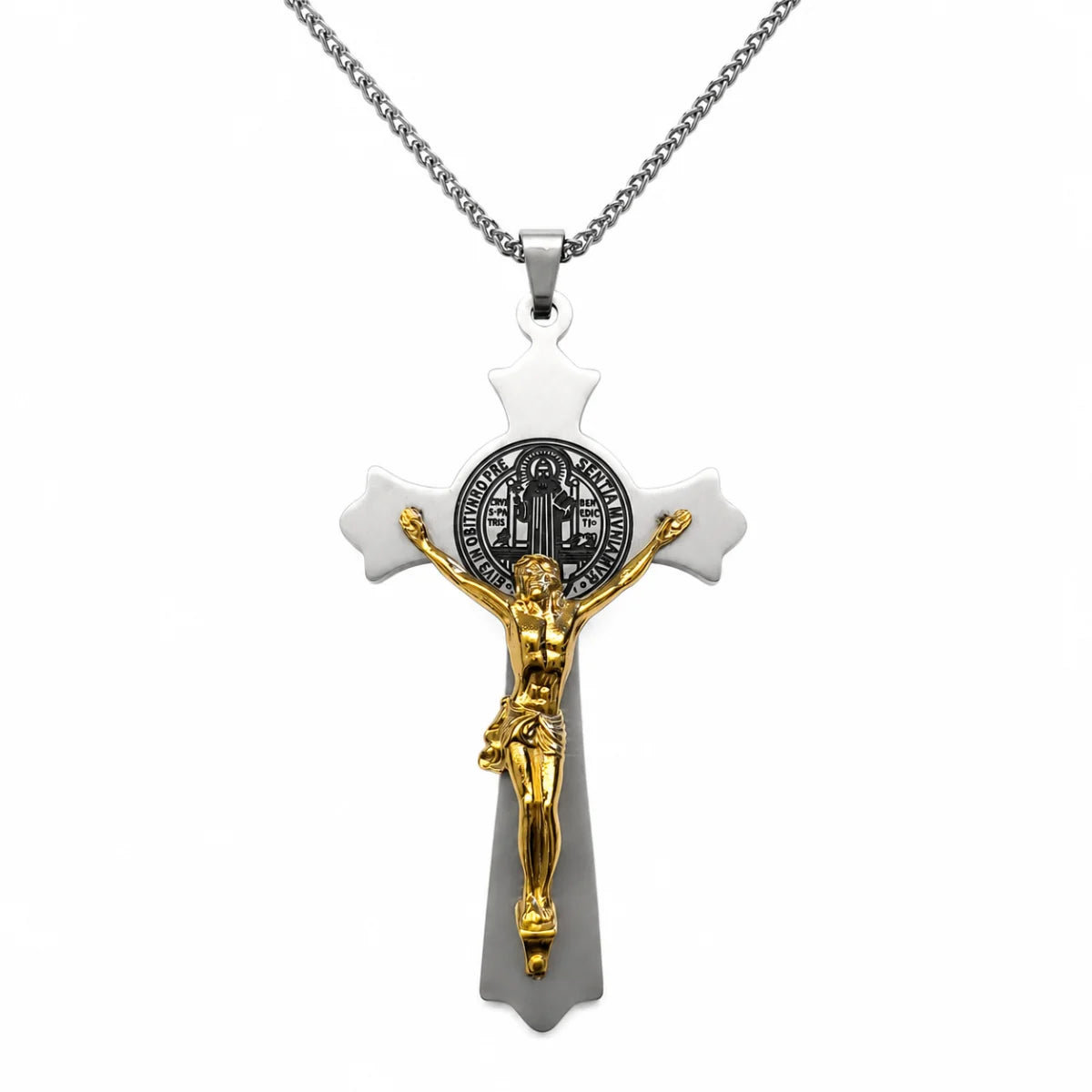 Large St. Benedict Cross Gold and Silver Pendant with Chain Front View White Background