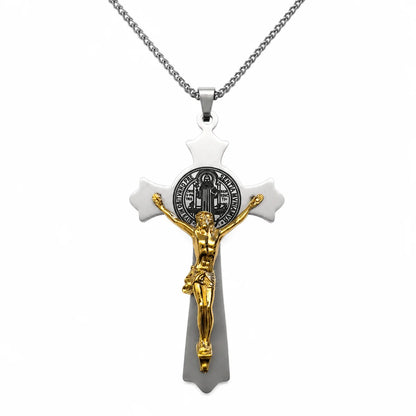 Large St. Benedict Cross Gold and Silver Pendant with Chain Front View White Background