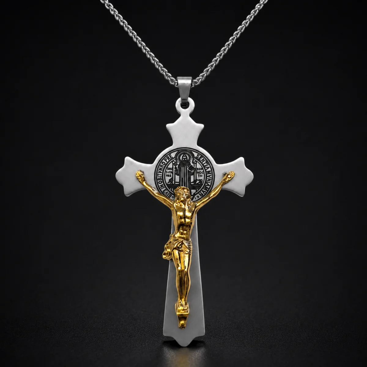 Large St. Benedict Cross Necklace Gold and Silver Close Up Black Background