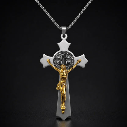 Large St. Benedict Cross Necklace Gold and Silver Close Up Black Background