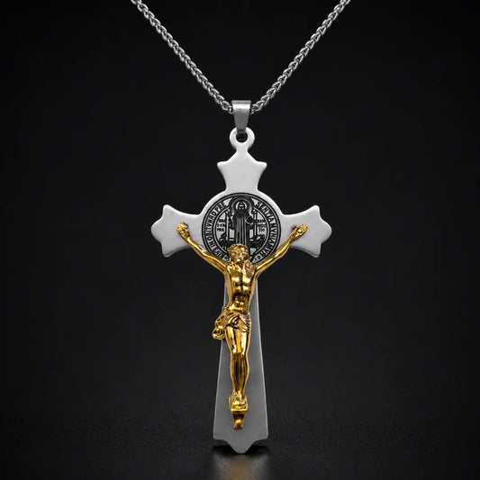 Large St. Benedict Cross Necklace Gold and Silver Close Up Black Background