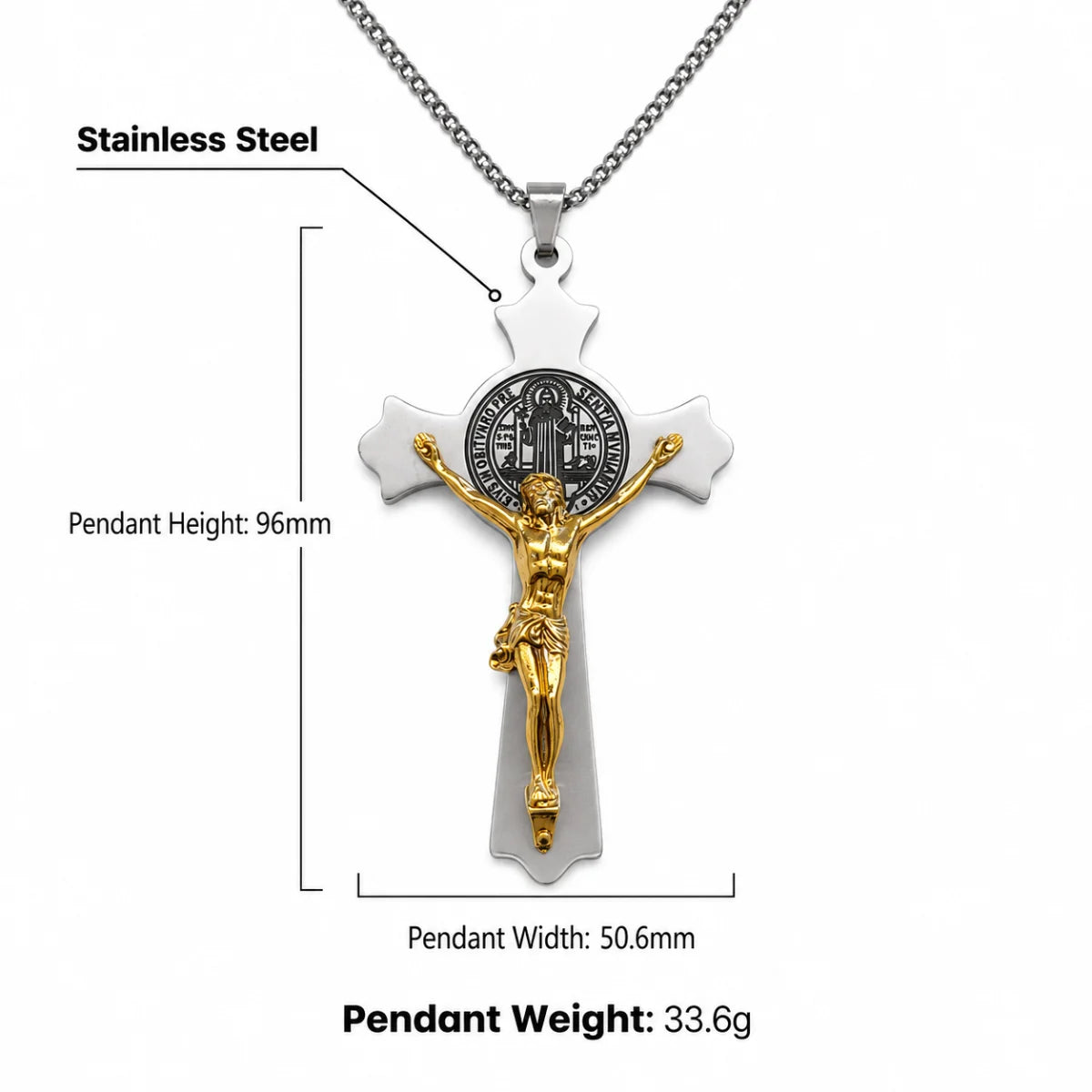 Large St. Benedict Cross Necklace Gold and Silver Dimensions and Weight Infographic