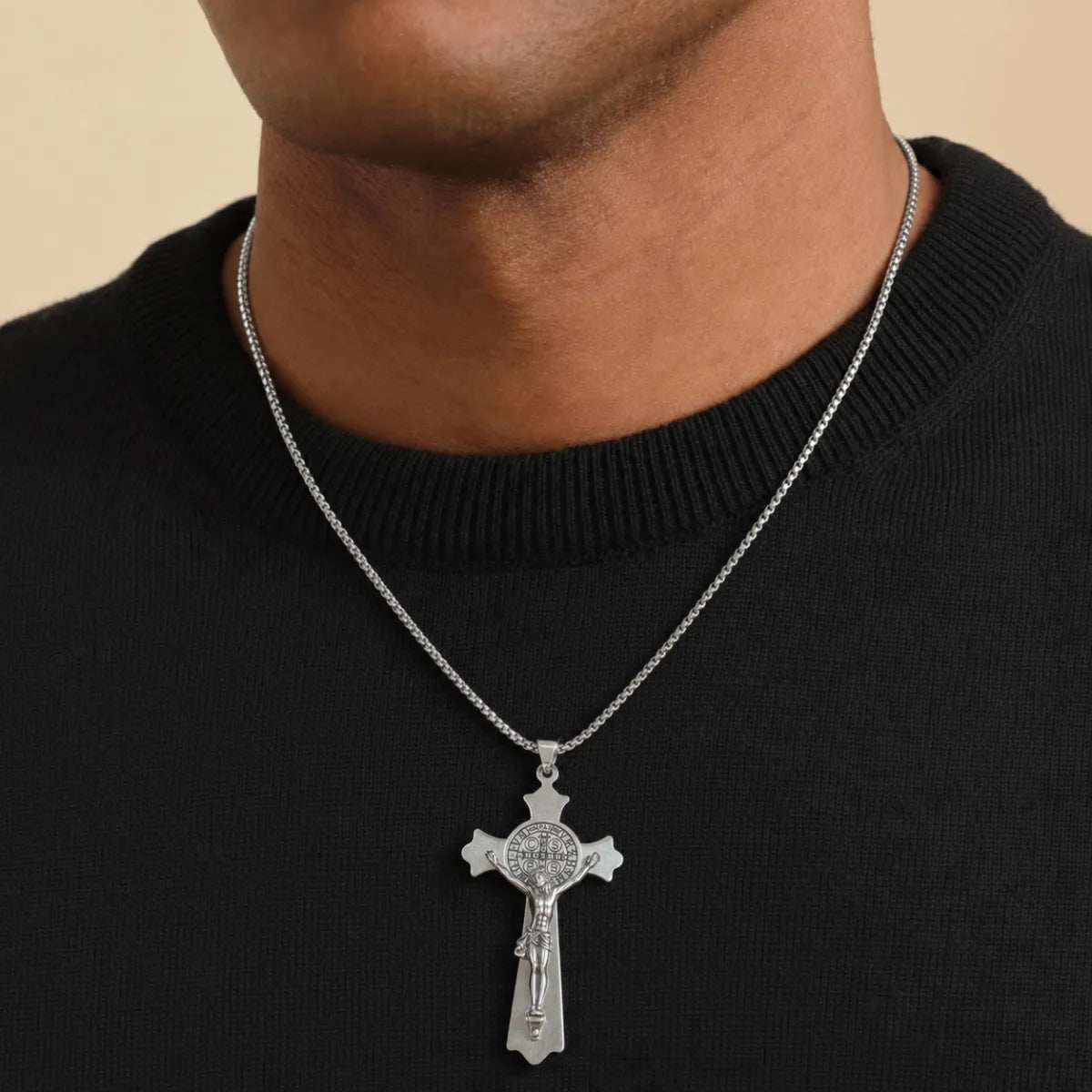 Large St. Benedict Cross Necklace Silver Worn by Male Model