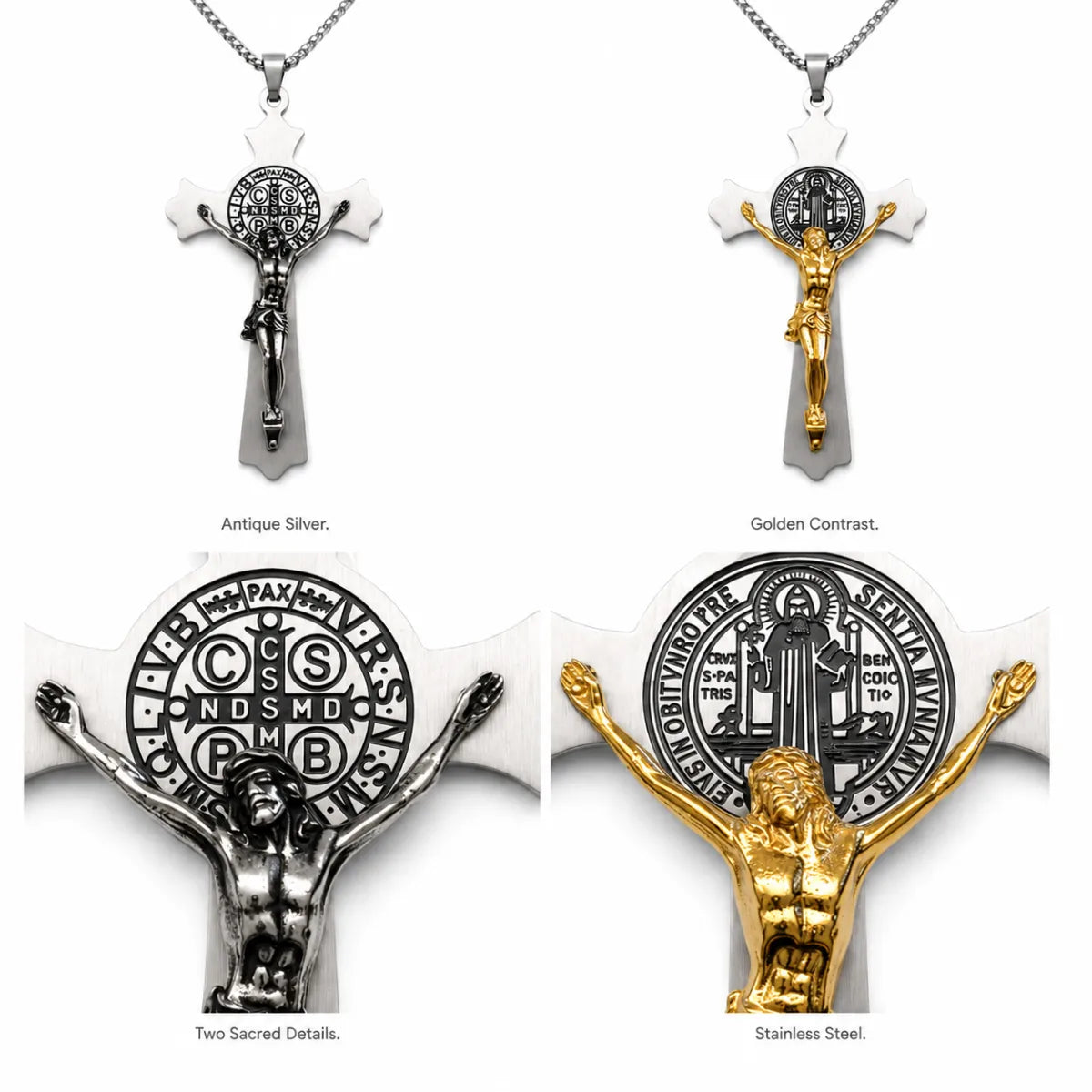 Large St. Benedict Cross Necklace Silver and Gold Options Details Infographic