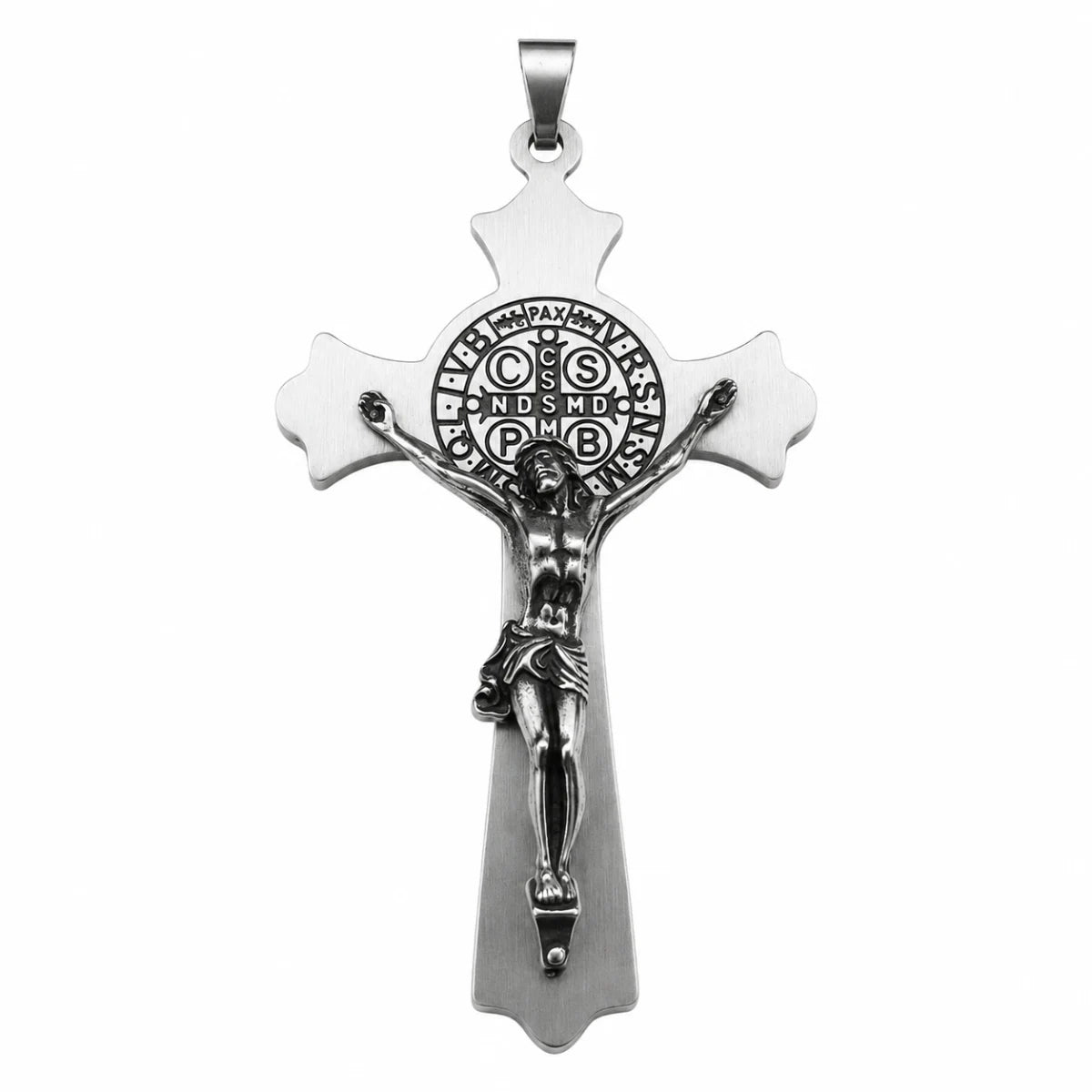 Large St. Benedict Cross Silver Pendant Only Front View White Background