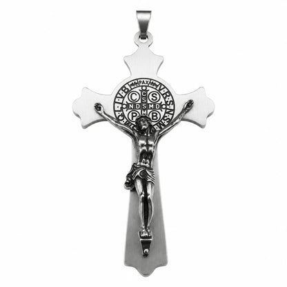 Large St. Benedict Cross Silver Pendant Only Front View White Background