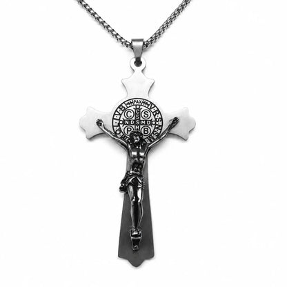 Large St. Benedict Cross Silver Pendant with Chain Front View White Background