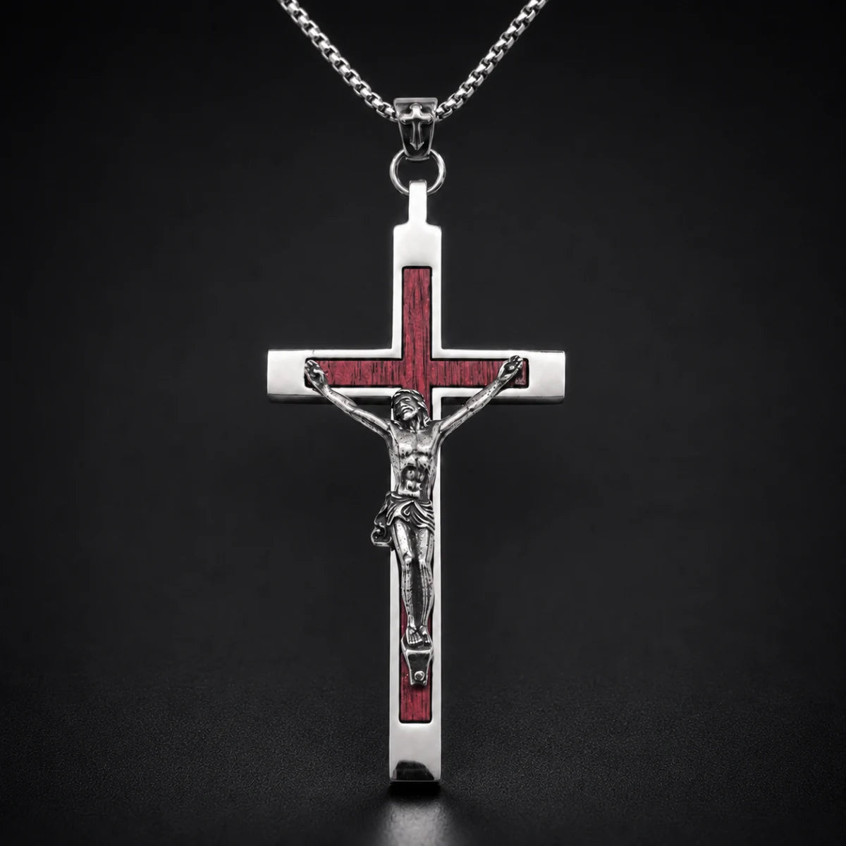 Large Wood Inlay Crucifix Necklace Silver Close Up Black Background