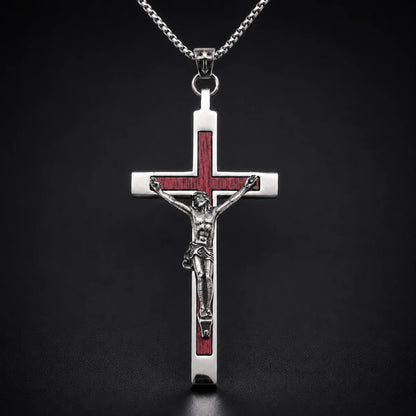 Large Wood Inlay Crucifix Necklace Silver Close Up Black Background