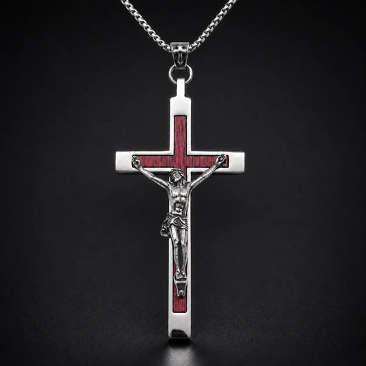 Large Wood Inlay Crucifix Necklace Silver Close Up Black Background
