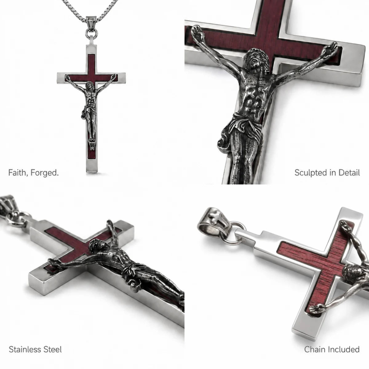 Large Wood Inlay Crucifix Necklace Silver Details and Features Infographic