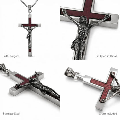 Large Wood Inlay Crucifix Necklace Silver Details and Features Infographic