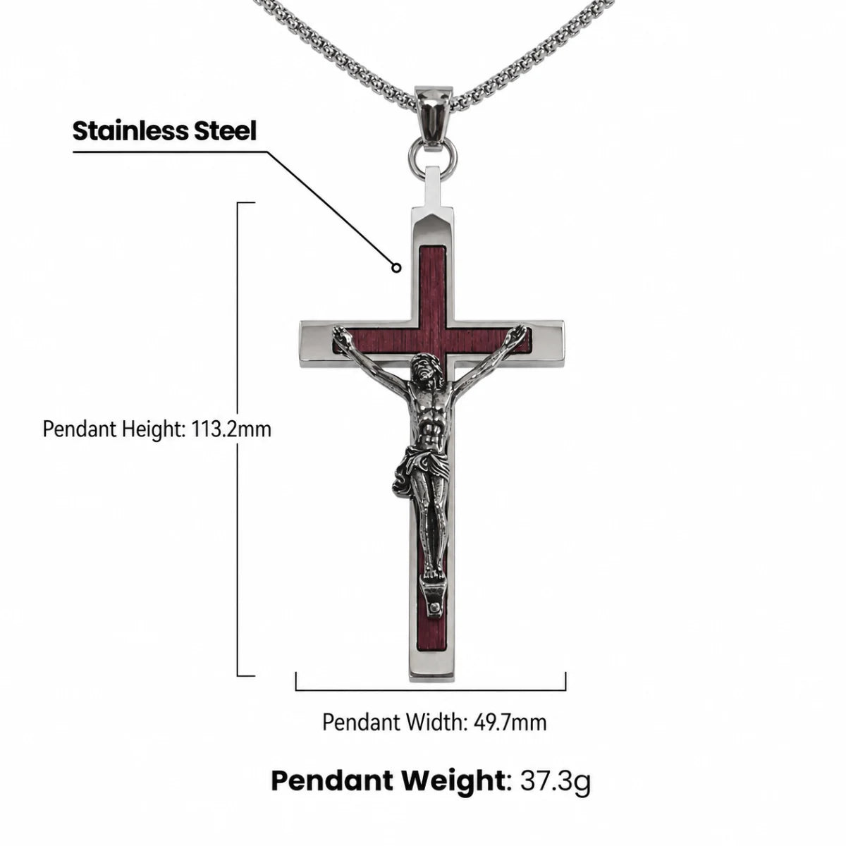 Large Wood Inlay Crucifix Necklace Silver Dimensions and Weight Infographic
