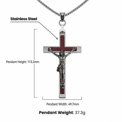 Large Wood Inlay Crucifix Necklace Silver Dimensions and Weight Infographic