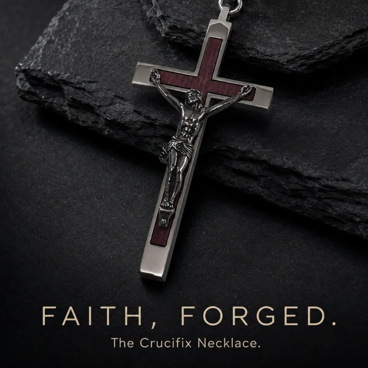 Large Wood Inlay Crucifix Necklace Silver Displayed on Stone Surface