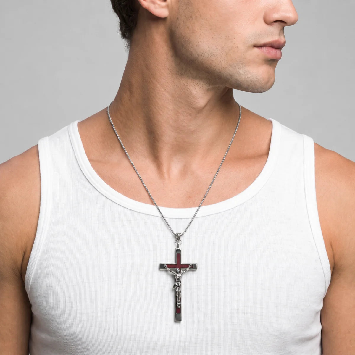 Large Wood Inlay Crucifix Necklace Silver Worn by Male Model