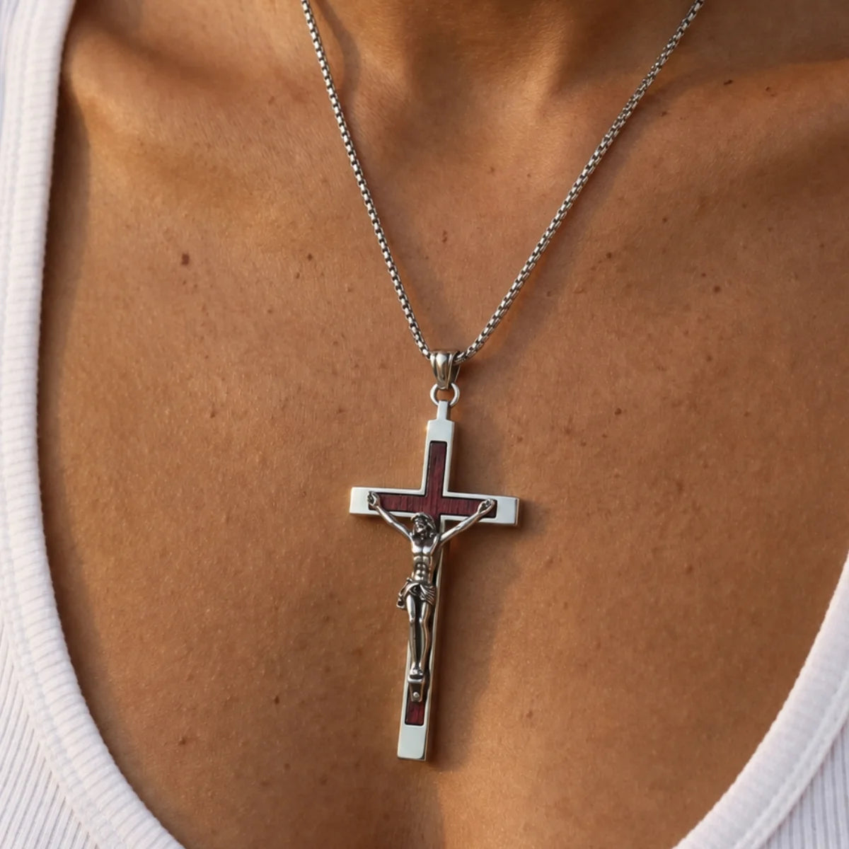 Large Wood Inlay Crucifix Necklace Silver Worn by Model Close Up