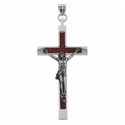 Large Wood Inlay Crucifix Pendant Only Silver Front View White Background