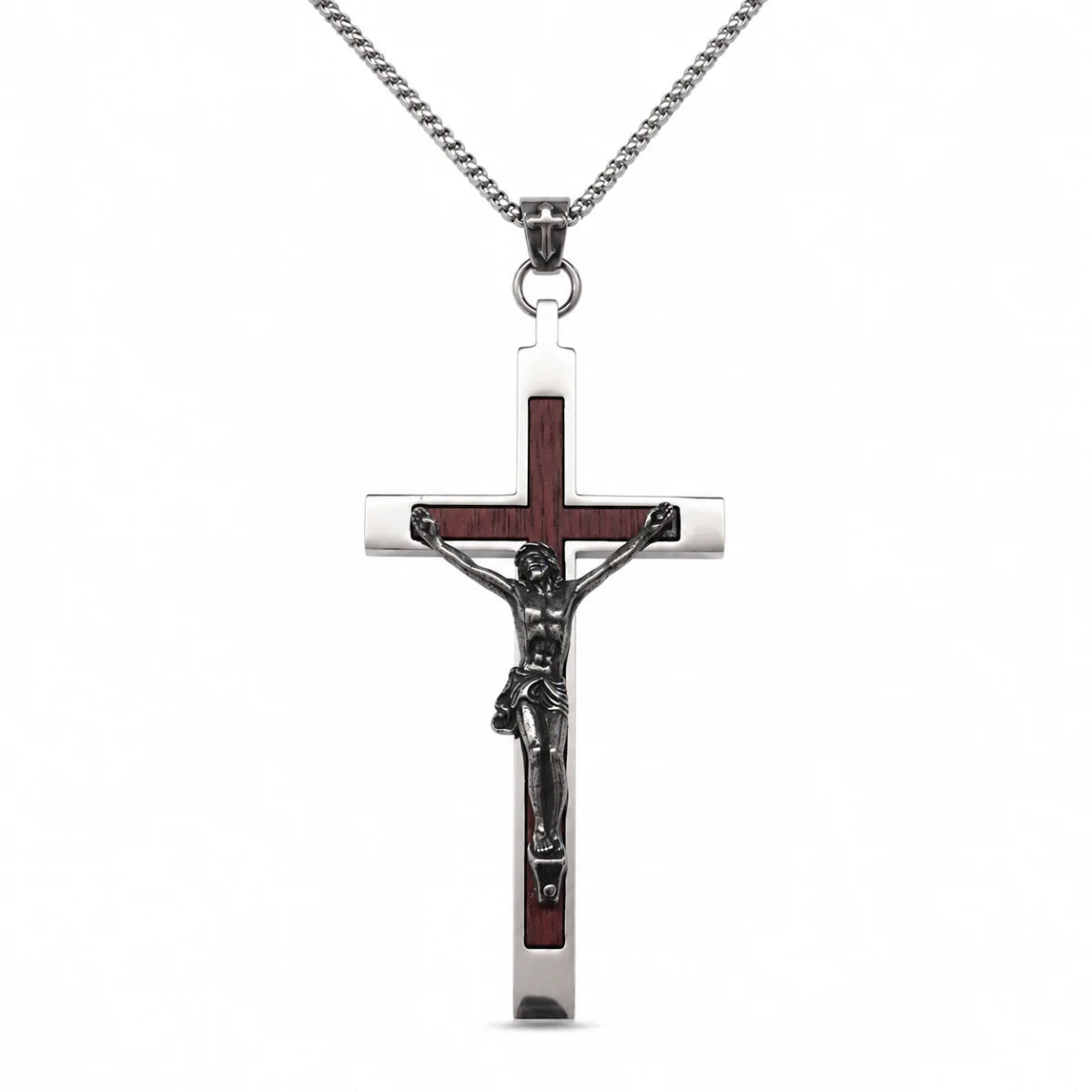 Large Wood Inlay Crucifix Pendant with Chain Silver Front View White Background