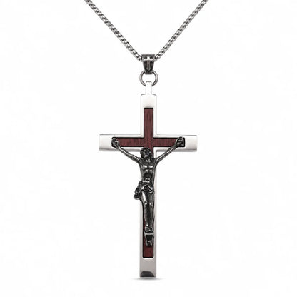 Large Wood Inlay Crucifix Pendant with Chain Silver Front View White Background