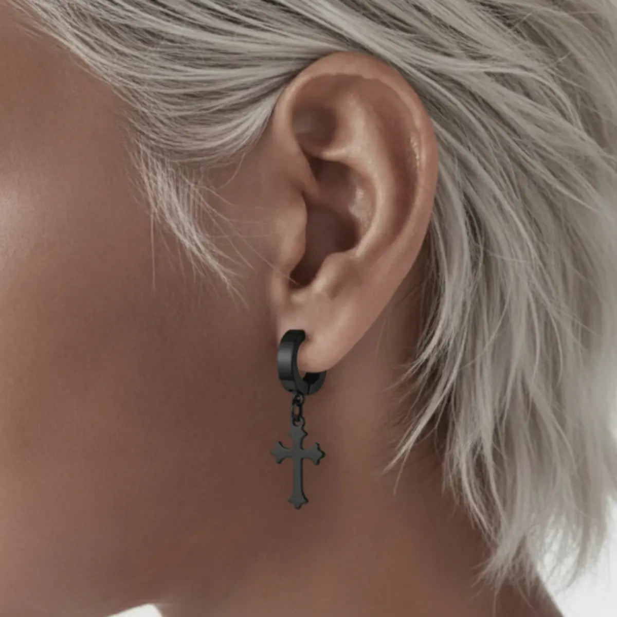 Latin Cross Drop Earrings Black Worn by Female Model