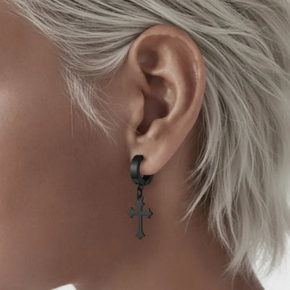 Latin Cross Drop Earrings Black Worn by Female Model