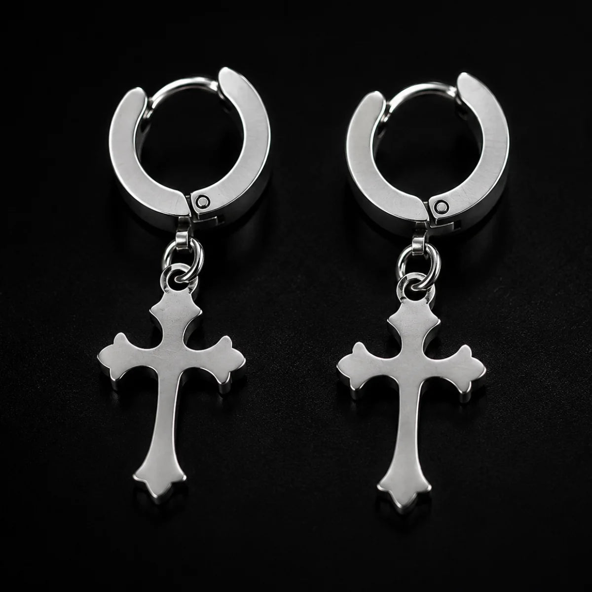 Latin Cross Drop Earrings Silver Close Up