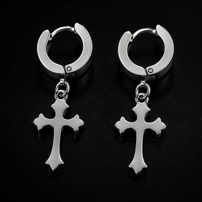 Latin Cross Drop Earrings Silver Close Up
