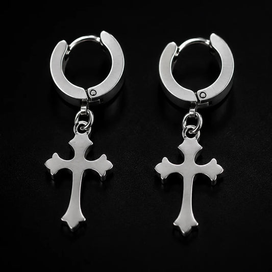 Latin Cross Drop Earrings Silver Close Up