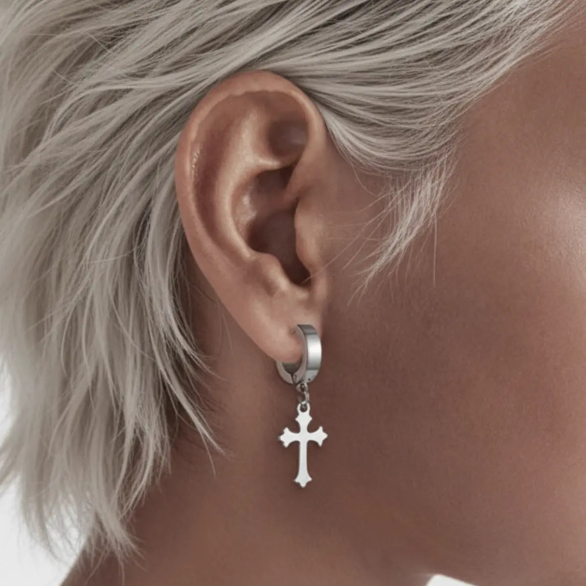 Latin Cross Drop Earrings Silver Worn by Female Model