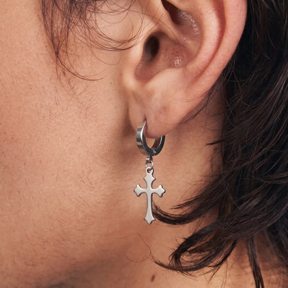 Latin Cross Drop Earrings Silver Worn by Male Model