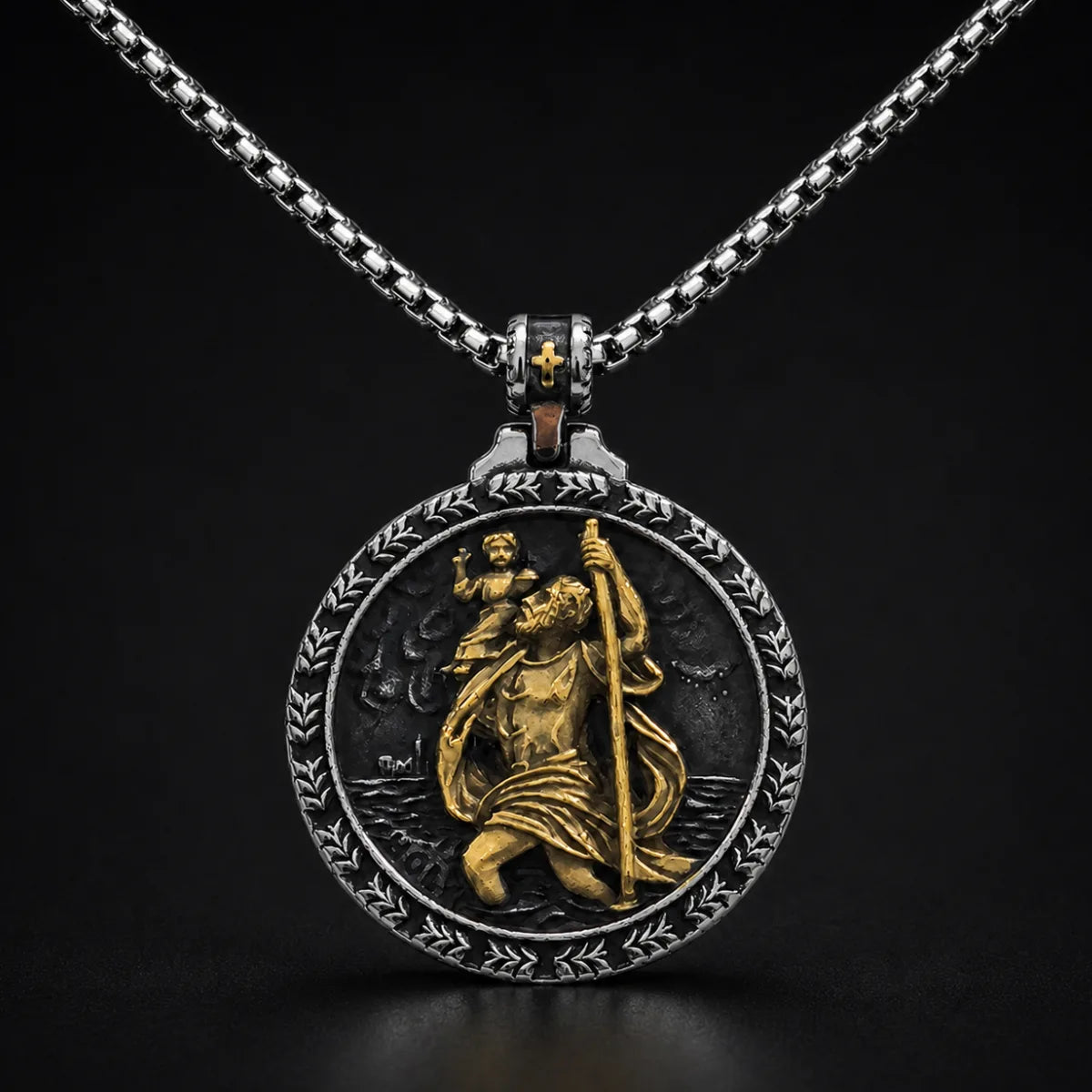 Laurel St Christopher Medal Gold and Silver Close Up Black Background