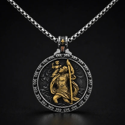 Laurel St Christopher Medal Gold and Silver Close Up Black Background