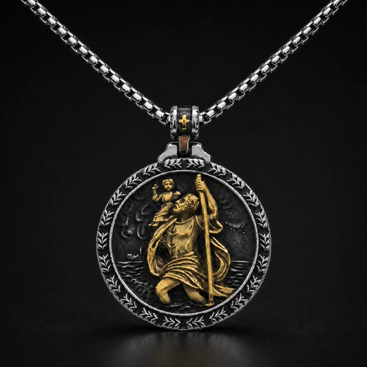 Laurel St Christopher Medal Gold and Silver Close Up Black Background