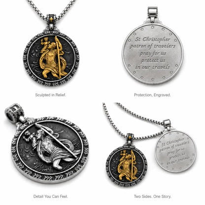 Laurel St Christopher Medal Gold and Silver Details and Engraving Features Infographic